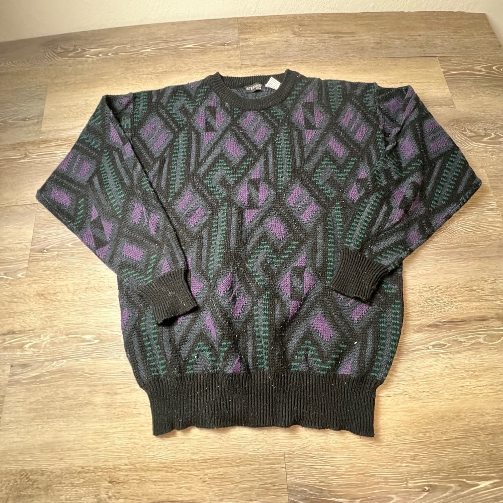 Stefano Man Sweater Mens Medium‎ Black Purple Green Geometric Vintage 90s Knit